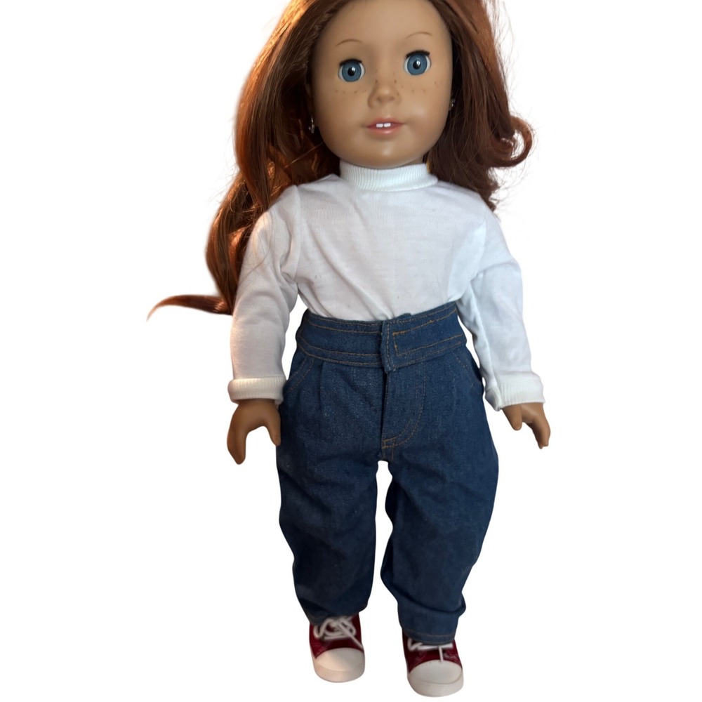 18 inch Doll Outfit White Mock Neck Top Denim Jeans Burgundy Shoes Retro